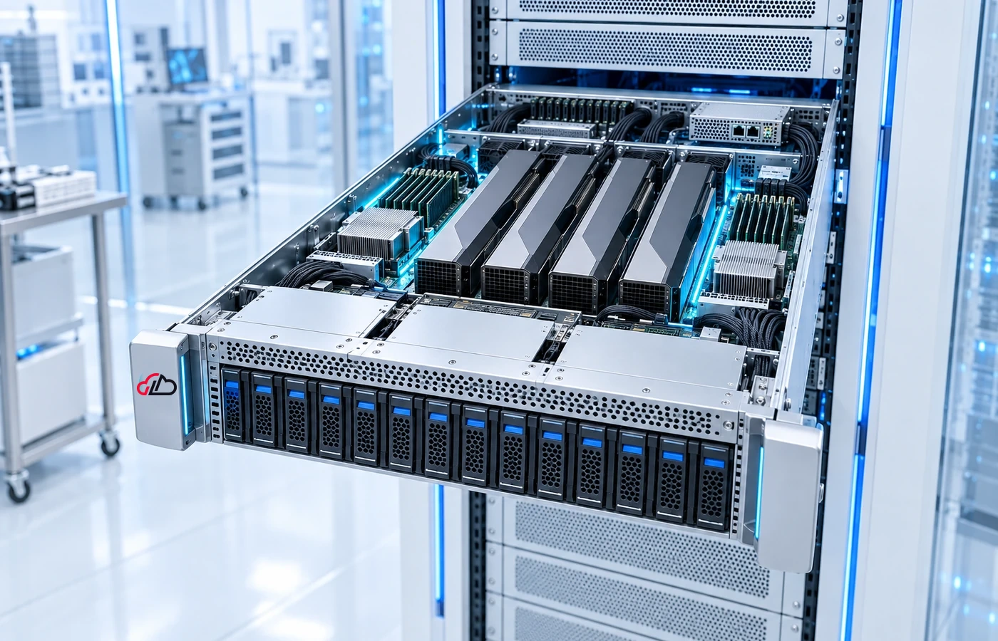 带栀云互联机箱徽标的蓝白 GPU 服务器内部硬件结构